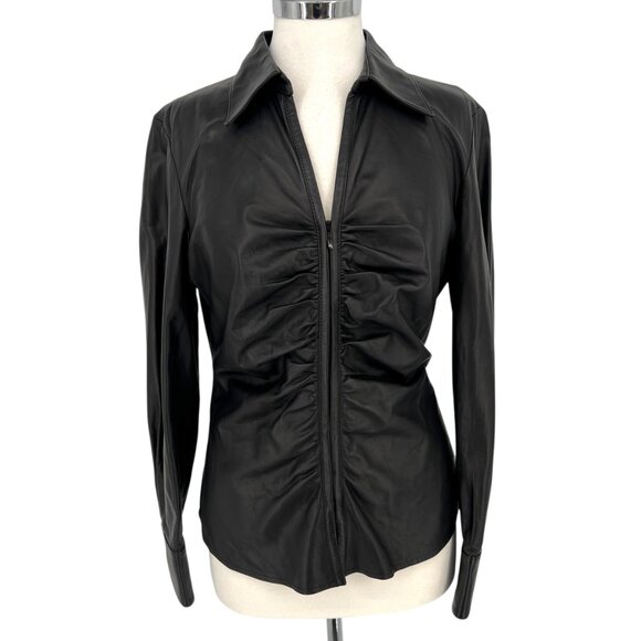 Lafayette 148 Black Leather Ruched Moto Jacket with Full Zip Size 10 - Picture 1 of 15
